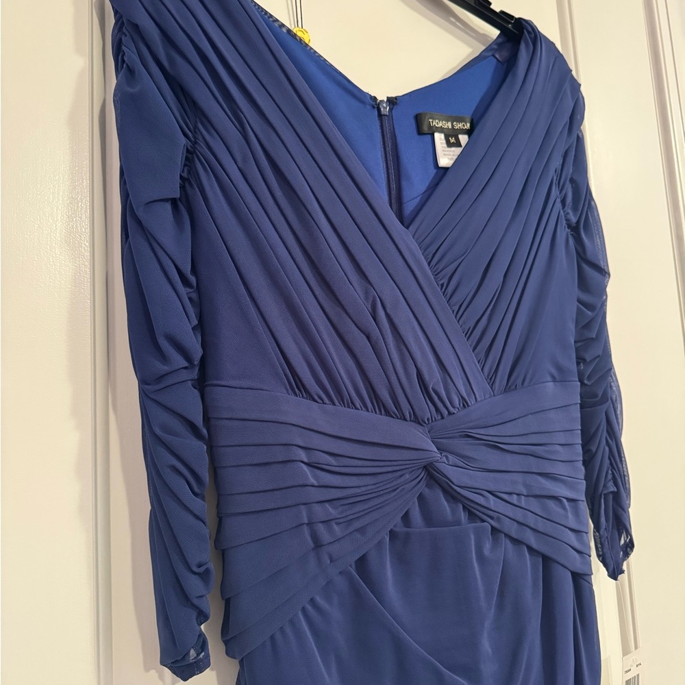 Tadashi Shoji Navy Blue Long-Sleeve Pleated V-Neck Dress
